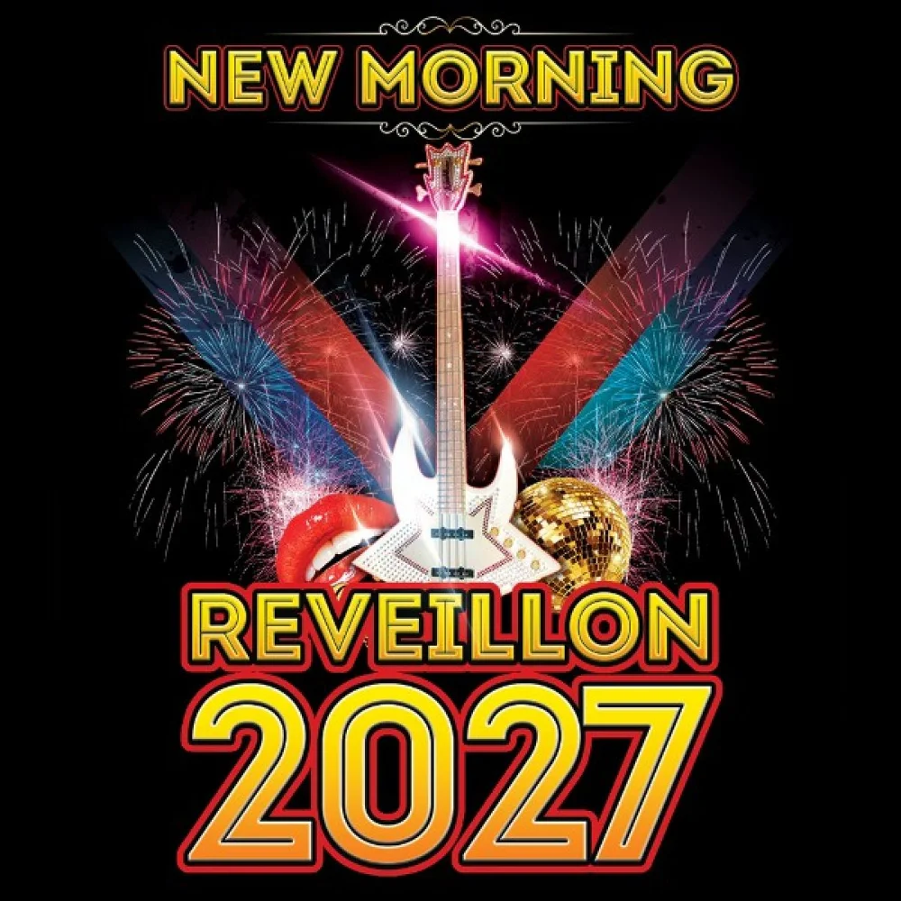 Affiche Réveillon 2027 au New Morning : guitare, boule à facettes et feux d'artifice